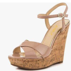 FOWT Nude Peep Toe Platform Sandals Cork Wedge High Heel Ankle Strap Shoes